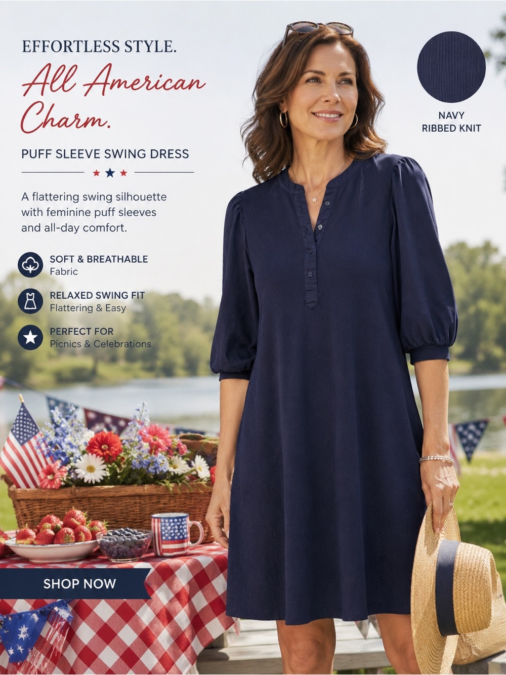 Chico's Puff Sleeve Ribbed Knit Navy Blue Shirt Dress - Size 1 - Medium - 8